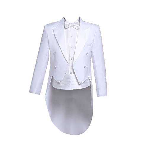 FEESHOW Herren Zweireiher Frack Set 4 Stück Anzüge Hochzeit Smoking Anzüge Revers Sakko Jacke Lange Hose Krawatte mit Gürtel Set Weiß M von FEESHOW