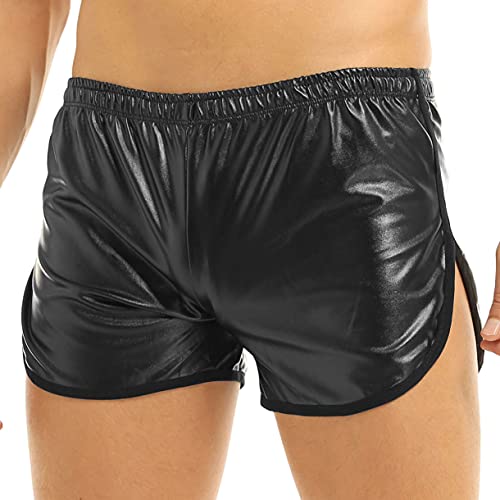 FEESHOW Herren Wetlook Boxer Unterwäsche Leder Shorts Kurze Hose Trunks mit Tasche Sport Fitness Laufhose Clubwear M-5XL Schwarz L von FEESHOW