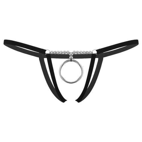 FEESHOW Herren ouvert String Tanga T-Back Unterhose Bikinislip mit O-Ring Männer Erotische Unterwäsche Offener Schritt Lingerie Schwarz_C Einheitsgröße von FEESHOW