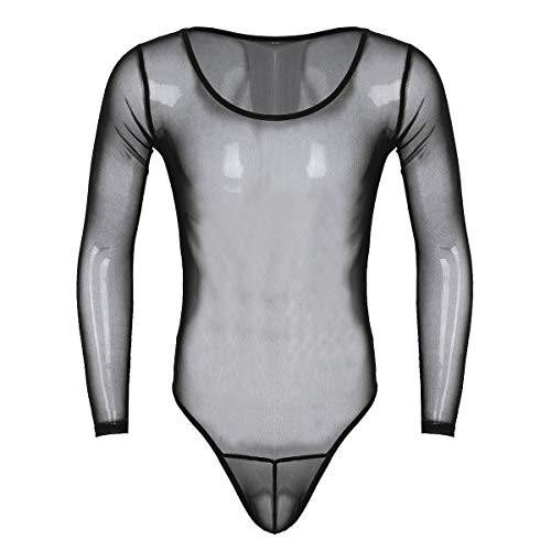 FEESHOW Herren sexy Body durchsichtiges Netz Bodysuit High Cut Männer Langarm Mesh Jumpsuit Hemd Unterhemd Ganzkörper Nachtwäsche Dessous Schwarz 3XL von FEESHOW