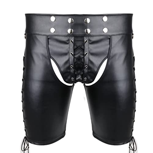 FEESHOW Herren Sexy Leder Shorts Ouvert Mit Schnüren Männer Wetlook Boxershorts Kunstleder Hose Unterhose Schritt Offen S-3XL Schwarz L von FEESHOW