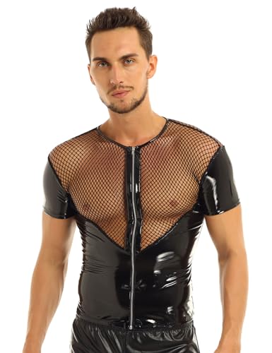 FEESHOW Herren Transparent Lack Leder Mesh Patchwork Shirt Wetlook Muskelshirt Tank Tops Schnürung Design Sexy Clubwear DJ T Shirt Slim fit Schwarz_Fischnetz M von FEESHOW