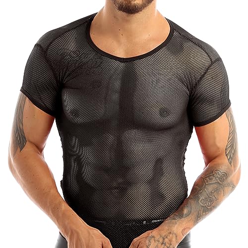 FEESHOW Herren Transparent Lack Leder Mesh Patchwork Shirt Wetlook Muskelshirt Tank Tops Schnürung Design Sexy Clubwear DJ T Shirt Slim fit Schwarz Netz L von FEESHOW