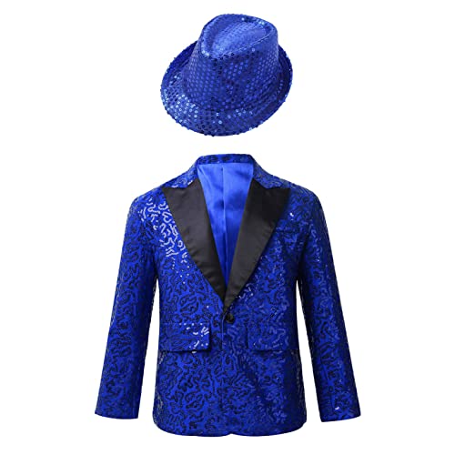 FEESHOW Jungen Anzugjacke Glitzer Festlich Hochzeit Smoking Blazer Kinder Glitzer Pailletten Jacke Mit Reverskragen Slim Fit Blau&Hut 122-128 von FEESHOW