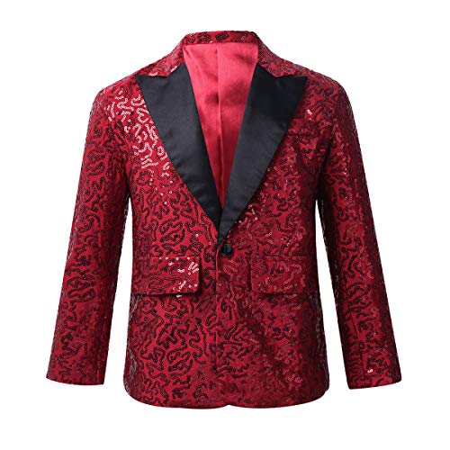 FEESHOW Jungen Anzugjacke Glitzer Festlich Hochzeit Smoking Blazer Kinder Glitzer Pailletten Jacke Mit Reverskragen Slim Fit Burgundy 146-152/11-12 Jahre von FEESHOW