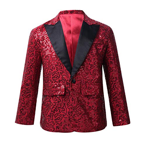 FEESHOW Jungen Anzugjacke Glitzer Festlich Hochzeit Smoking Blazer Kinder Glitzer Pailletten Jacke Mit Reverskragen Slim Fit Burgundy 158-164/13-14 Jahre von FEESHOW