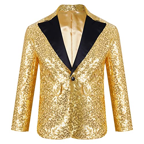 FEESHOW Jungen Anzugjacke Glitzer Festlich Hochzeit Smoking Blazer Kinder Glitzer Pailletten Jacke Mit Reverskragen Slim Fit Gold 122-128 von FEESHOW