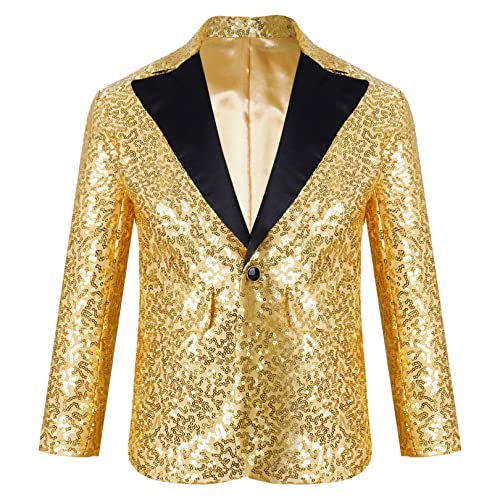 FEESHOW Jungen Anzugjacke Glitzer Festlich Hochzeit Smoking Blazer Kinder Glitzer Pailletten Jacke Mit Reverskragen Slim Fit Gold 134-140 von FEESHOW