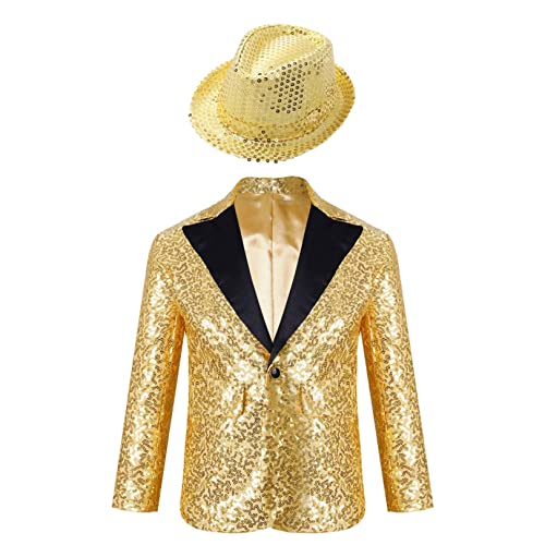 FEESHOW Jungen Anzugjacke Glitzer Festlich Hochzeit Smoking Blazer Kinder Glitzer Pailletten Jacke Mit Reverskragen Slim Fit Gold&Hut 134-140 von FEESHOW