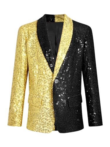 FEESHOW Jungen Anzugjacke Glitzer Festlich Hochzeit Smoking Blazer Kinder Glitzer Pailletten Jacke Mit Reverskragen Slim Fit Gold&Schwarz_C 122-128 von FEESHOW