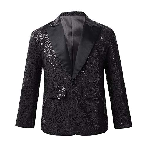 FEESHOW Jungen Anzugjacke Glitzer Festlich Hochzeit Smoking Blazer Kinder Glitzer Pailletten Jacke Mit Reverskragen Slim Fit Schwarz 110-116/5-6 Jahre von FEESHOW