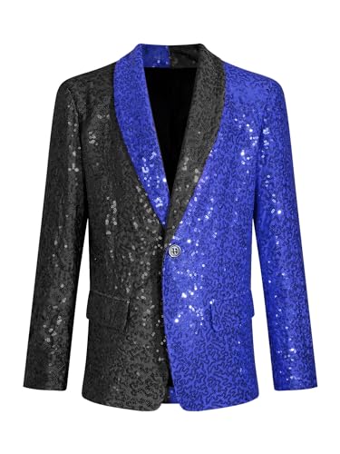 FEESHOW Jungen Anzugjacke Glitzer Festlich Hochzeit Smoking Blazer Kinder Glitzer Pailletten Jacke Mit Reverskragen Slim Fit Schwarz&Blau_D 134-140 von FEESHOW