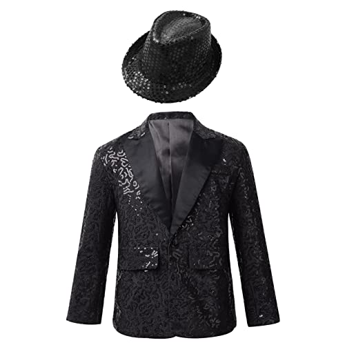 FEESHOW Jungen Anzugjacke Glitzer Festlich Hochzeit Smoking Blazer Kinder Glitzer Pailletten Jacke Mit Reverskragen Slim Fit Schwarz&Hut 122-128 von FEESHOW