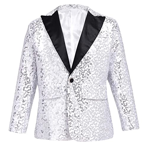 FEESHOW Jungen Anzugjacke Glitzer Festlich Hochzeit Smoking Blazer Kinder Glitzer Pailletten Jacke Mit Reverskragen Slim Fit Silber 146-152/11-12 Jahre von FEESHOW