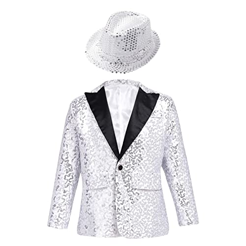 FEESHOW Jungen Anzugjacke Glitzer Festlich Hochzeit Smoking Blazer Kinder Glitzer Pailletten Jacke Mit Reverskragen Slim Fit Silber&Hut 122-128 von FEESHOW
