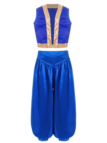 FEESHOW Jungen Arabische Kleidung Arabischer Prinz Outfit Weste Haremshose Set Kinder Karneval Halloween Mottoparty Orient Dschin Verkleidung Blau 110-116 von FEESHOW