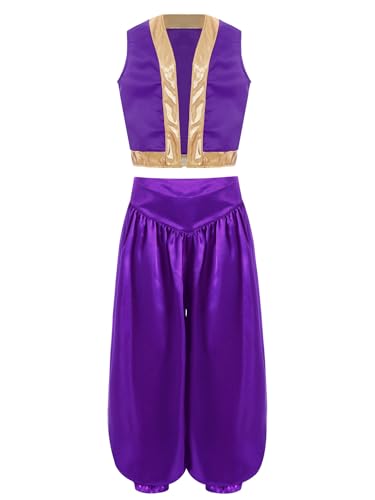 FEESHOW Jungen Arabische Kleidung Arabischer Prinz Outfit Weste Haremshose Set Kinder Karneval Halloween Mottoparty Orient Dschin Verkleidung Violett 134-140 von FEESHOW