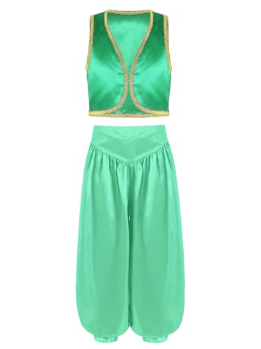 FEESHOW Jungen Arabische Kleidung Arabischer Prinz Outfit Weste Haremshose Set Kinder Karneval Halloween Mottoparty Verkleidung Grün 134-140 von FEESHOW