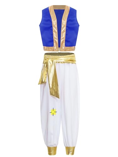 FEESHOW Jungen Arabische Kleidung Arabischer Prinz Weste Top Haremshose Set Kinder Karneval Halloween Mottoparty Orient Dschin Verkleidung Königsblau 170 von FEESHOW