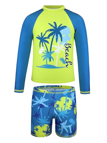 FEESHOW Jungen Bade Set 2 -teiliges Langarm Rash Guard Badetop Stranddruck Badehose Set Kinder Badesachen Grün 140-146 von FEESHOW