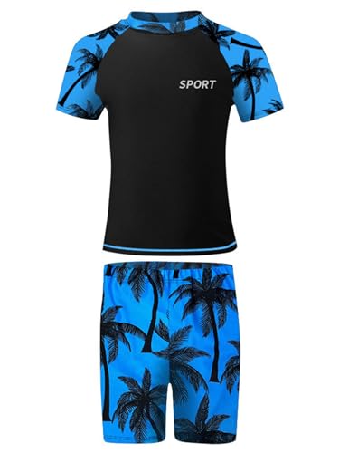 FEESHOW Jungen Badeanzug 2er Set Rashguard Kurzarm Shirt Badeshorts Kinder UV Schutz Bademode Strandmode Swimsuit Blau 128-140/8-10 Jahre von FEESHOW