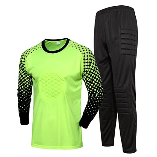 FEESHOW Jungen Kinder Fußball Trikot Antikollisions Fußball Torwart Uniform Gepolstert Tops Hose Shorts Set Heim-/Auswärtstrikot Traningsset A_Neongrün 146-152/11-12 Jahre von FEESHOW