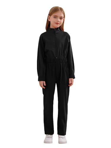 FEESHOW Kinder Arbeitsoverall Langarm Klempner Mechaniker Overall Einteilige Arbeitskleidung Rallyekombi Kombination Jumpsuit Schwarz 158-164 von FEESHOW
