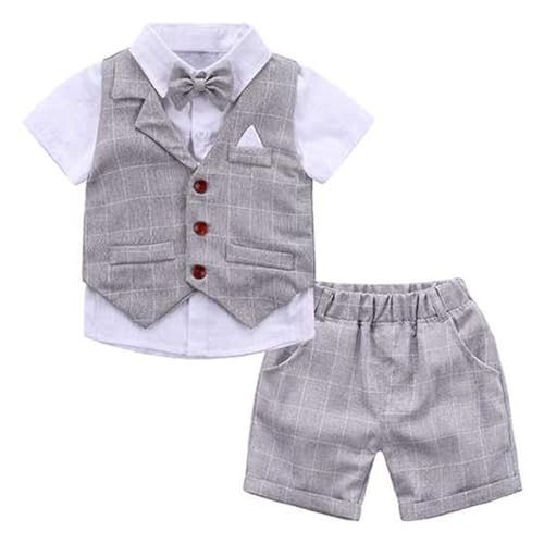 FEESHOW Kinder Baby Jungen Gentleman Anzug Kurzarm Hemd Weste Kurze Hosen Set Taufe Festlich Hochzeit Sommer Outtfit Bekleidung Set A_Grau 74-80/9-12 Monate von FEESHOW