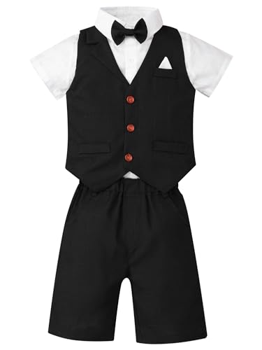FEESHOW Kinder Baby Jungen Gentleman Anzug Kurzarm Hemd Weste Kurze Hosen Set Taufe Festlich Hochzeit Sommer Outtfit Bekleidung Set A_Schwarz 92-98/2-3 Jahre von FEESHOW