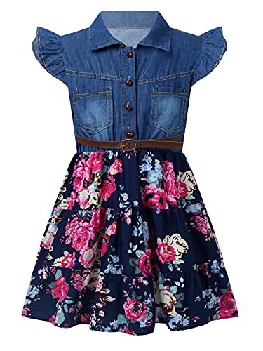 FEESHOW Kinder Baby Kleider Mädchen Sommer Blumendruck Jeanskleider Süße Blumen Prinzessin Kleider mit Bowknot Navy Blau_C 122-128 von FEESHOW