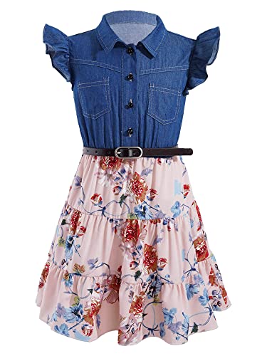 FEESHOW Kinder Baby Kleider Mädchen Sommer Blumendruck Jeanskleider Süße Blumen Prinzessin Kleider mit Bowknot Rosa_C 128 von FEESHOW