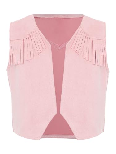 FEESHOW Kinder Cowboy Weste Jacke Jungen Mädchen Fransen Wildleder Weste Ärmellos Karneval Fasching Outfit Oberteil Gilets Rosa 134-140 von FEESHOW