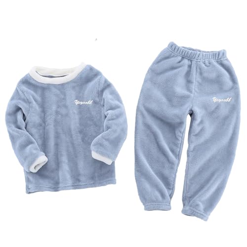 FEESHOW Kinder Flauschiger Schlafanzug Pyjama Set Jungen Mädchen Zweiteiler Winter Warme Fleece Nachtwäsche Hauskleidung Blau D 104-110/4-5 Jahre von FEESHOW