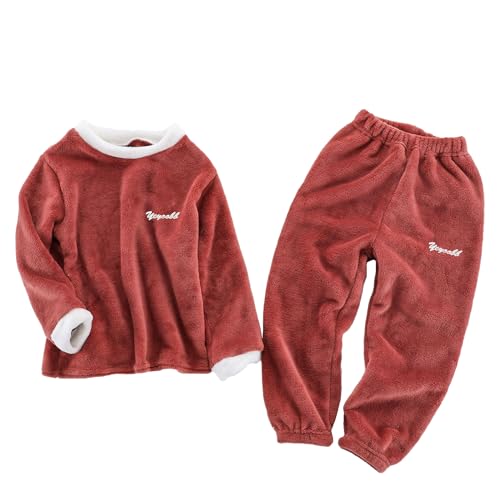 FEESHOW Kinder Flauschiger Schlafanzug Pyjama Set Jungen Mädchen Zweiteiler Winter Warme Fleece Nachtwäsche Hauskleidung Burgundy D 104-110/4-5 Jahre von FEESHOW