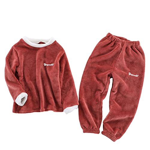 FEESHOW Kinder Flauschiger Schlafanzug Pyjama Set Jungen Mädchen Zweiteiler Winter Warme Fleece Nachtwäsche Hauskleidung Burgundy D 98-104/3-4 Jahre von FEESHOW