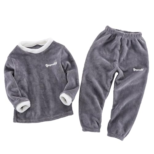 FEESHOW Kinder Flauschiger Schlafanzug Pyjama Set Jungen Mädchen Zweiteiler Winter Warme Fleece Nachtwäsche Hauskleidung Grau D 110-116/5-6 Jahre von FEESHOW