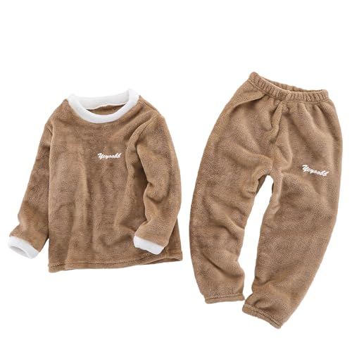 FEESHOW Kinder Flauschiger Schlafanzug Pyjama Set Jungen Mädchen Zweiteiler Winter Warme Fleece Nachtwäsche Hauskleidung Kaffee D 104-110/4-5 Jahre von FEESHOW