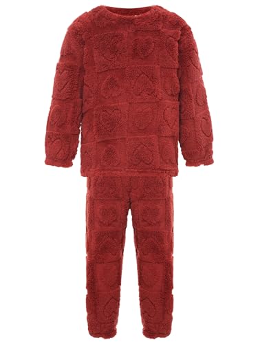 FEESHOW Kinder Flauschiger Schlafanzug Pyjama Set Jungen Mädchen Zweiteiler Winter Warme Fleece Nachtwäsche Hauskleidung Burgundy N 134-140 von FEESHOW