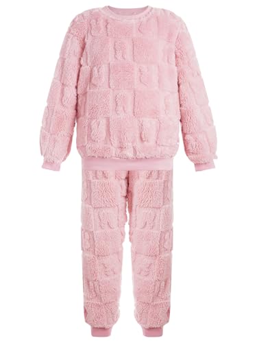 FEESHOW Kinder Flauschiger Schlafanzug Pyjama Set Jungen Mädchen Zweiteiler Winter Warme Fleece Nachtwäsche Hauskleidung Rosa L 92-98 von FEESHOW