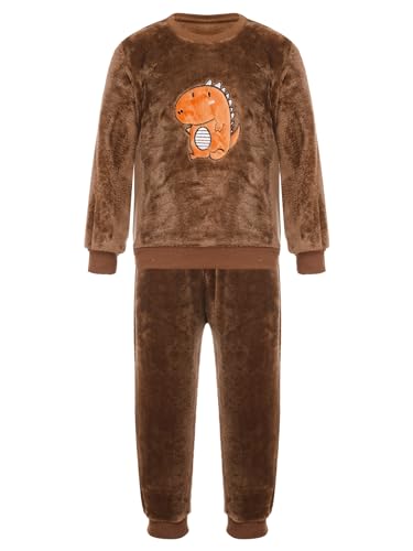 FEESHOW Kinder Flauschiger Schlafanzug Flanell Pyjama Set Jungen Mädchen Winter Warme Fleece Nachtwäsche Zweiteile Hauskleidung Braun-Dinosaurier_A 122-128 von FEESHOW