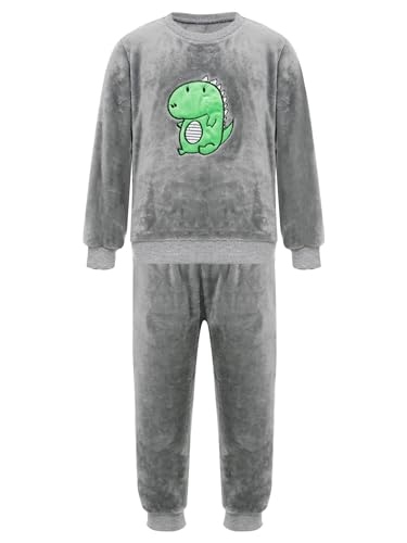 FEESHOW Kinder Flauschiger Schlafanzug Flanell Pyjama Set Jungen Mädchen Winter Warme Fleece Nachtwäsche Zweiteile Hauskleidung Grau-Dinosaurier_A 110-116 von FEESHOW