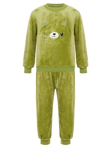 FEESHOW Kinder Flauschiger Schlafanzug Flanell Pyjama Set Jungen Mädchen Winter Warme Fleece Nachtwäsche Zweiteile Hauskleidung Grün-Katze_A 122-128 von FEESHOW