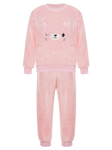 FEESHOW Kinder Flauschiger Schlafanzug Flanell Pyjama Set Jungen Mädchen Winter Warme Fleece Nachtwäsche Zweiteile Hauskleidung Pink-Katze_A 110-116 von FEESHOW