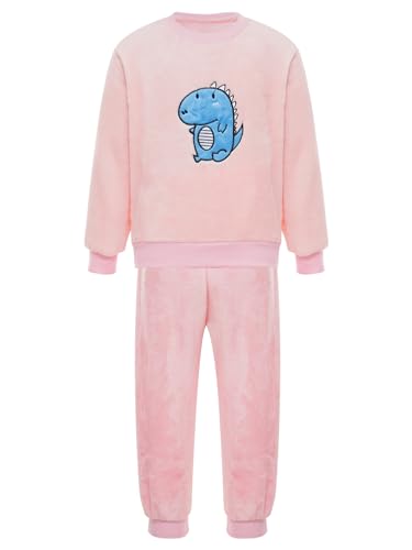 FEESHOW Kinder Flauschiger Schlafanzug Flanell Pyjama Set Jungen Mädchen Winter Warme Fleece Nachtwäsche Zweiteile Hauskleidung Rosa-Dinosaurier_A 92-98 von FEESHOW