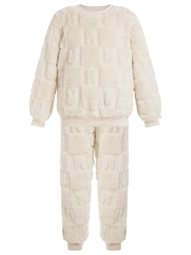 FEESHOW Kinder Jungen Mädchen Flauschiger Schlafanzug Fleece Pyjama Set Zweiteiler Winter Warme Nachtwäsche Hauskleidung Beige 134-140 von FEESHOW