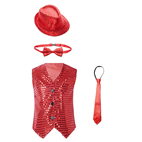 FEESHOW Kinder Glitzer Tanz Outfit Pailletten Weste Hut Fliege Krawatte Set Glitter Trilby Hut Anzugweste Show Disco Silvester Festival Outfit A_Rot 170-176 von FEESHOW