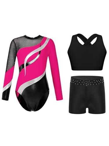 FEESHOW Kinder Glitzer Turnanzug Mädchen Gymnastikanzug Langarm Mit Kurze Hose Crop Tank Top 3er Set Gymnastik Trikot Tanzkleidung Hotpink 134-140 von FEESHOW