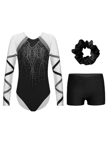 FEESHOW Kinder Gymnastikanzug Mädchen Langarm Glitzer Strass Gymnastik Body Shorts Haargummi 3er Set Wettkampf Tanzkleidung Schwarz 158-164 von FEESHOW