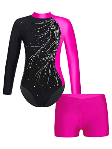 FEESHOW Kinder Gymnastikanzug Mit Hose Langarm Mädchen Glitzer Turntrikot Gymnastik Body Gymnastik Shorts Ballett Athletic Wettkampf Tanzoutfit Rose 134-140/9-10 Jahre von FEESHOW