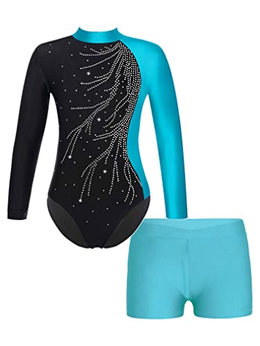 FEESHOW Kinder Gymnastikanzug Mit Hose Langarm Mädchen Glitzer Turntrikot Gymnastik Body Gymnastik Shorts Ballett Athletic Wettkampf Tanzoutfit Türkis 134-140/9-10 Jahre von FEESHOW